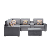 Nolan Gray Linen Fabric 7Pc Reversible Sectional Sofa with Interchangeable Legs, Pillows, Storage Ottoman, and a USB, Charging Ports, Cupholders, Storage Console Table