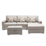 Nolan Beige Linen Fabric 4Pc Reversible Sofa Chaise with Interchangeable Legs, Storage Ottoman, and Pillows