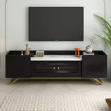 ON-TREND Sleek Design TV Stand with Fluted Glass, Contemporary Entertainment Center for TVs Up to 70", Faux Marble Top TV Console Table with Gold Frame Base, Black