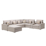 Nolan Beige Linen Fabric 7Pc Reversible Chaise Sectional Sofa with a USB, Charging Ports, Cupholders, Storage Console Table and Pillows and Interchangeable Legs