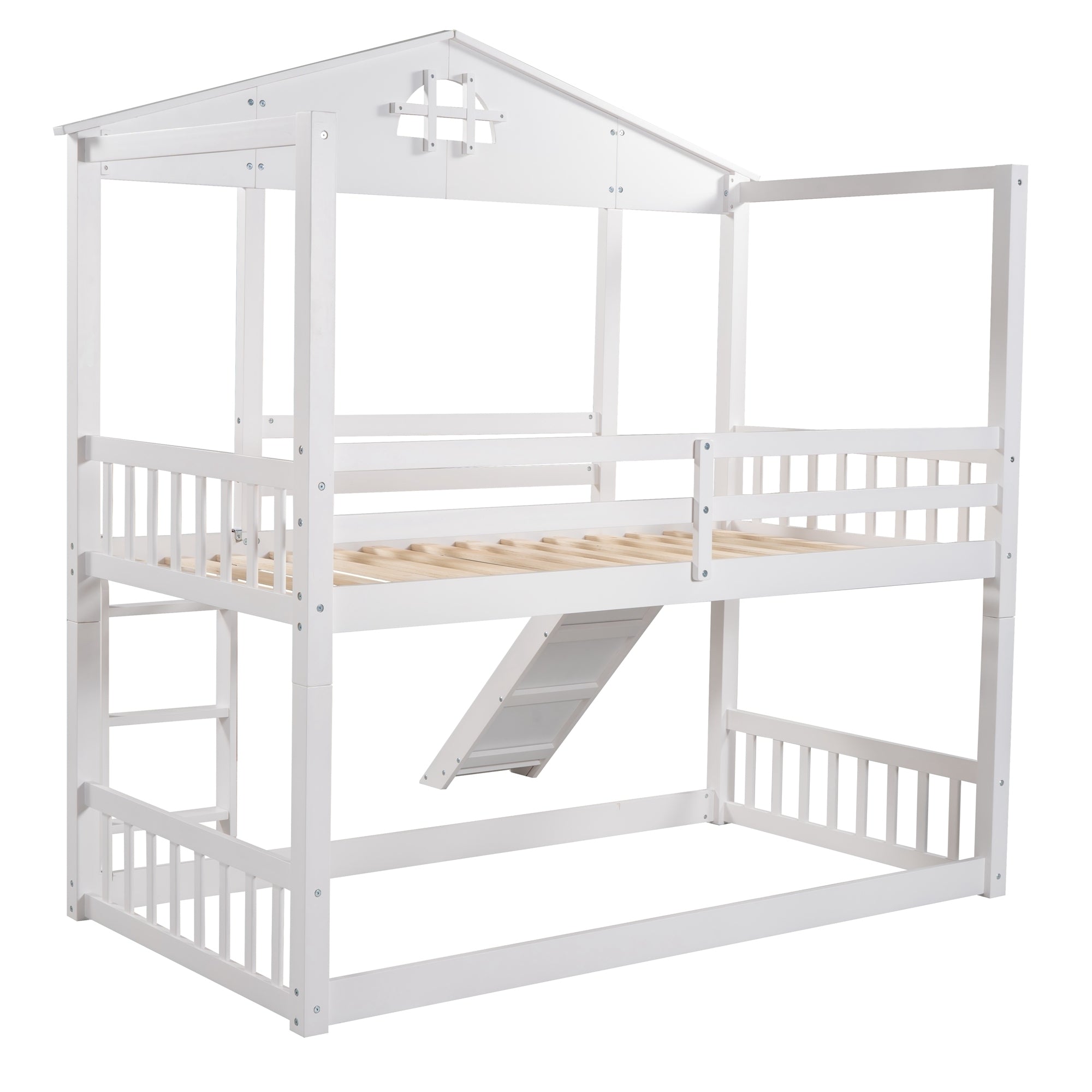 Twin over Twin House Bunk Bed with Convertible Slide and Ladder,Converts into 2 Separate Platform Beds,White