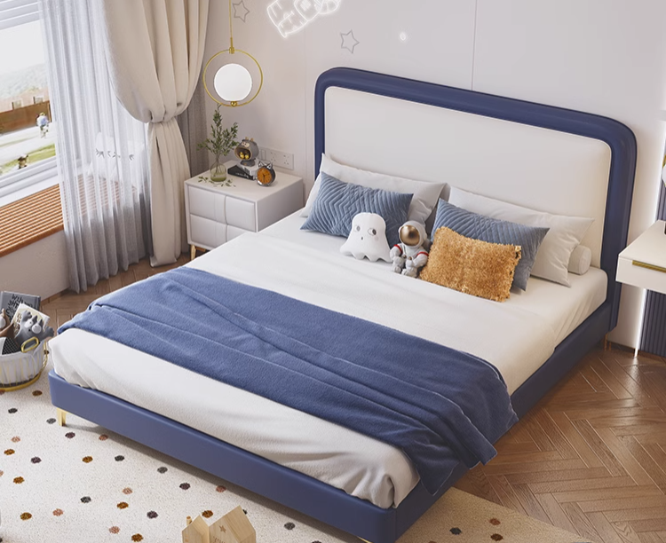 Modern Faux Leather Upholstered Platform Bed Frame with Soft Headboard, Solid Wooden Slats Support