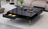 ON-TREND Exquisite High Gloss Coffee Table with 4 Golden Legs and 2 Small Drawers, 2-Tier Square Center Table for Living Room, Black