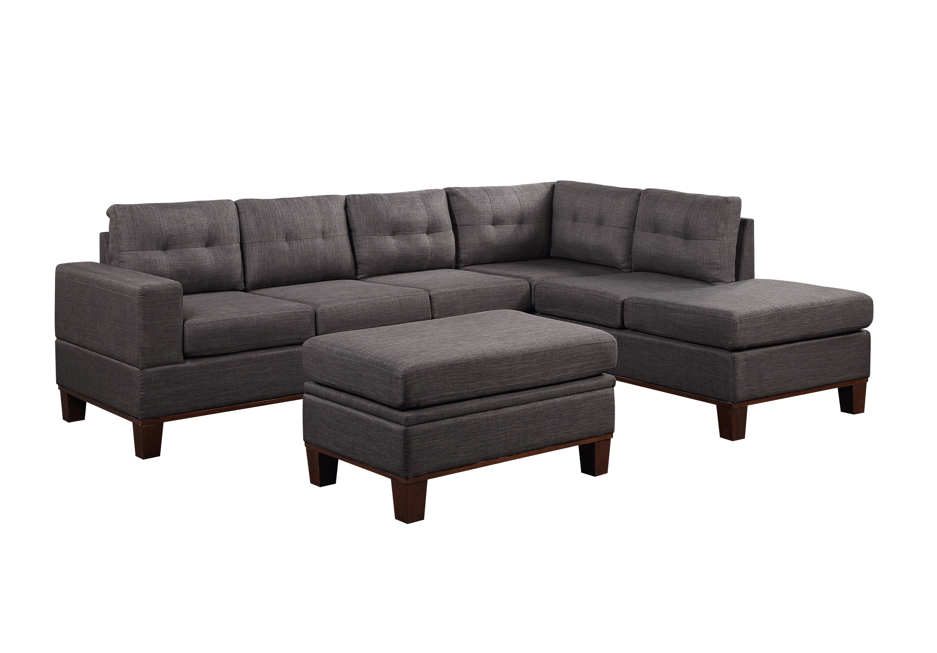 Hilo Dark Gray Fabric Reversible Sectional Sofa with Dropdown Armrest, Cupholder, and Storage Ottoman