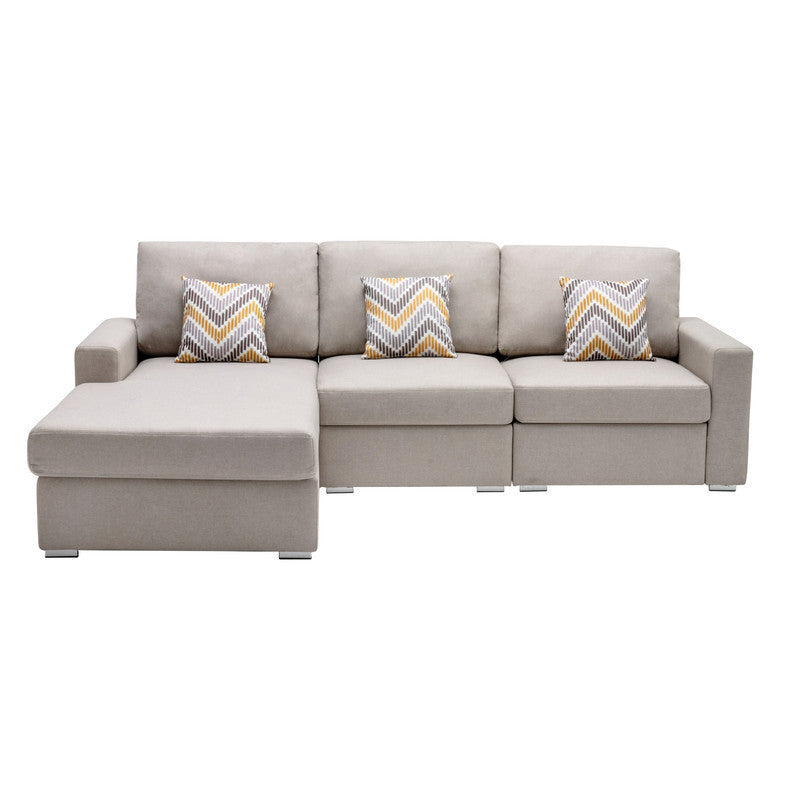 Nolan Beige Linen Fabric 3Pc Reversible Sectional Sofa Chaise with Pillows and Interchangeable Legs