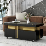 [VIDEO provided] ON-TREND Contemporary Coffee Table with Faux Marble Top, Rectangle Cocktail Table with Caster Wheels, Moderate Luxury Center Table with Gold Metal Bars for Living Room, Black