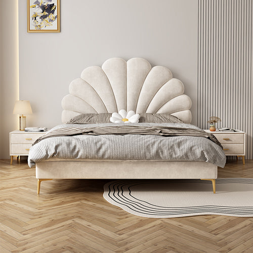 Modern Upholstered Leather Bed Frame with Petal shaped Headboard, Heavy Duty Platform Bed with Wood Slat Support