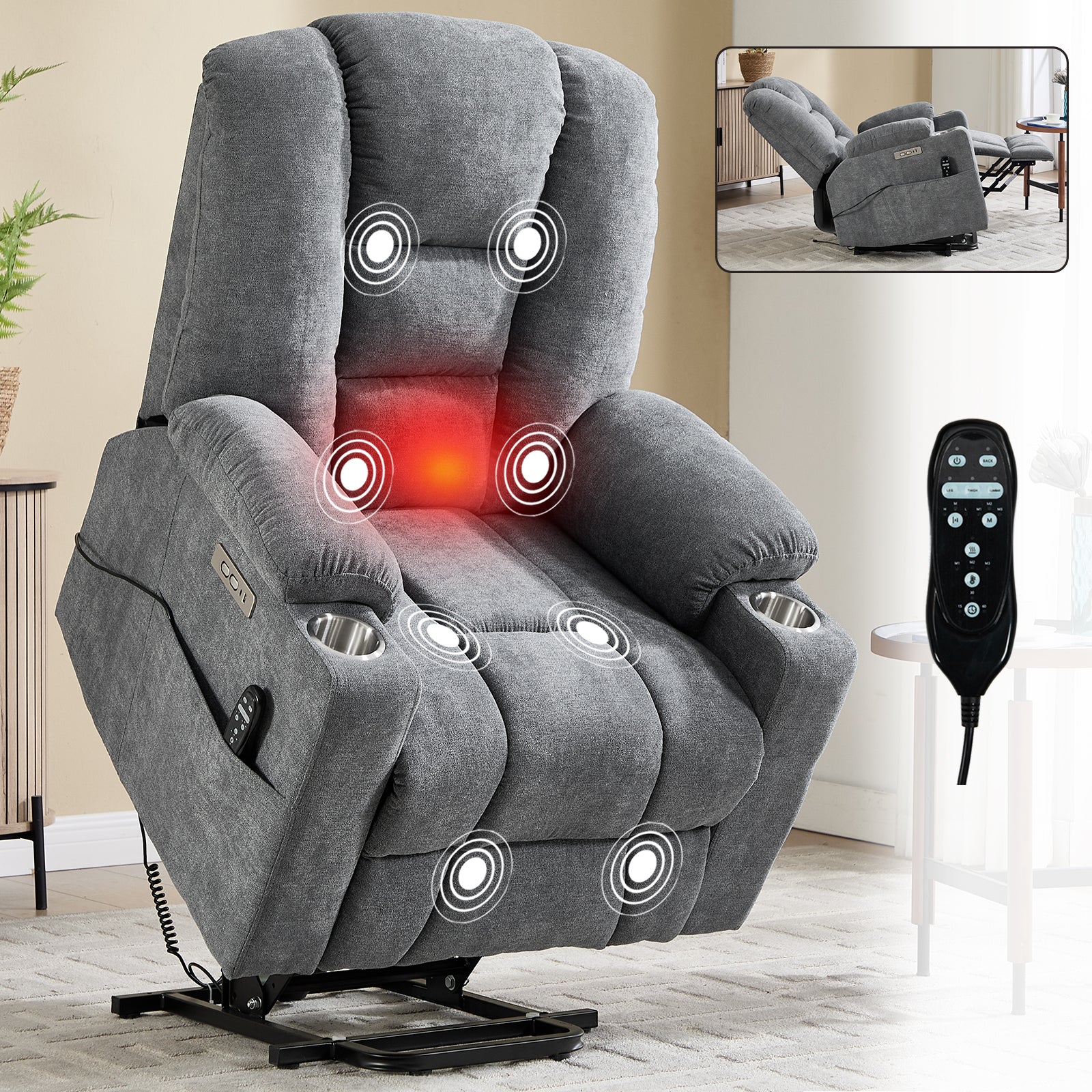 Lift Recliner Chair with Massage and Heat for Elderly, Overstuffed Wide Recliners, Heavy Duty Motion Mechanism with USB and Type C Ports, 2 Steel Cup Holders, Blue Grey
