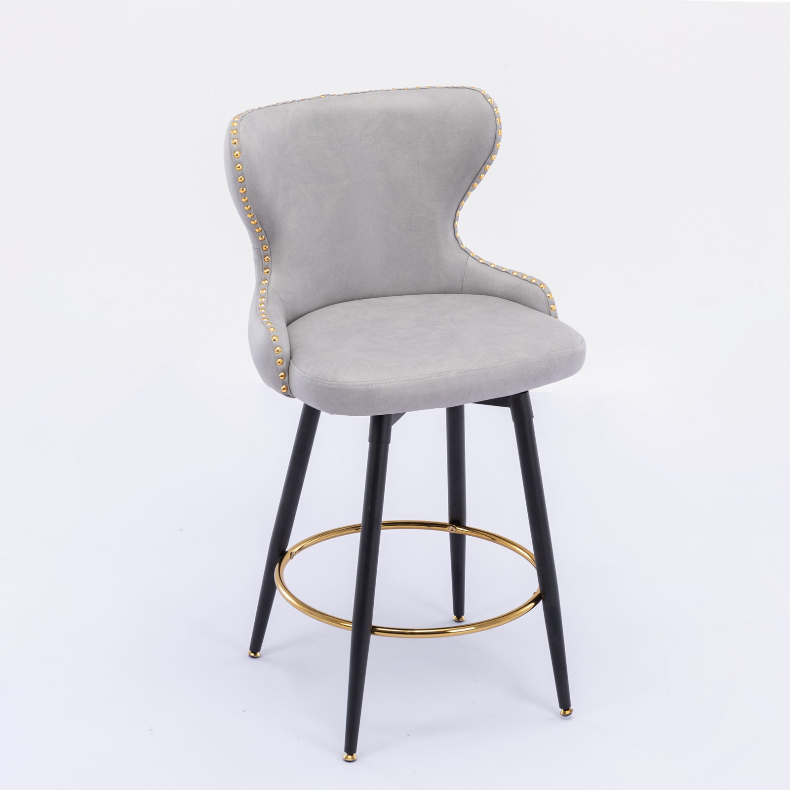 A&A Furniture,Counter Height 25" Modern Leathaire Fabric bar chairs,180° Swivel Bar Stool Chair for Kitchen,Tufted Gold Nailhead Trim Bar Stools with Metal Legs,Set of 2 (Light Gray)