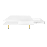 ON-TREND Exquisite High Gloss Coffee Table with 4 Golden Legs and 2 Small Drawers, 2-Tier Square Center Table for Living Room, White