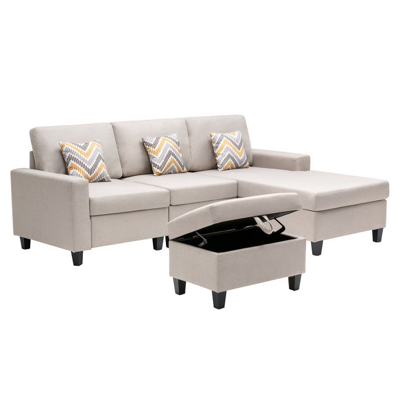 Nolan Beige Linen Fabric 4Pc Reversible Sofa Chaise with Interchangeable Legs, Storage Ottoman, and Pillows