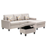 Nolan Beige Linen Fabric 4Pc Reversible Sofa Chaise with Interchangeable Legs, Storage Ottoman, and Pillows