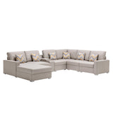 Nolan Beige Linen Fabric 7Pc Reversible Chaise Sectional Sofa with a USB, Charging Ports, Cupholders, Storage Console Table and Pillows and Interchangeable Legs