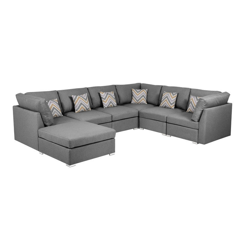 Amira Gray Fabric Reversible Modular Sectional Sofa with Ottoman and Pillows
