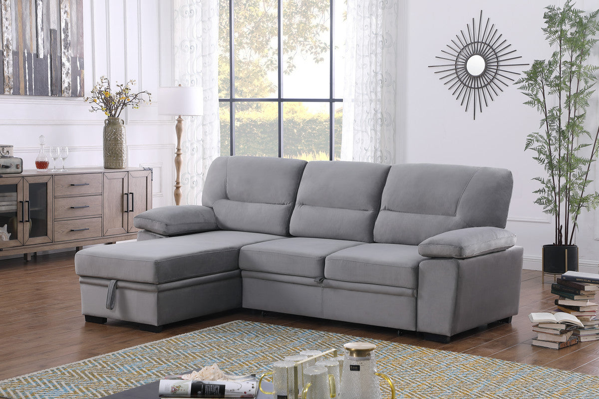 Kipling Gray Velvet Fabric Reversible Sleeper Sectional Sofa Chaise