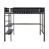 Metal Full Size Loft Bed with Desk & Shelves/ Sturdy Metal Bed Frame/ Noise-free Wood Slats/ Comfortable Textilene Guardrail/ Built-in Desk, 2-tier Shelves & Grid Panel/ 2 Side Ladders