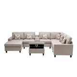 Nolan Beige Linen Fabric 8Pc Reversible Chaise Sectional Sofa with Interchangeable Legs, Pillows, Storage Ottoman, and a USB, Charging Ports, Cupholders, Storage Console Table