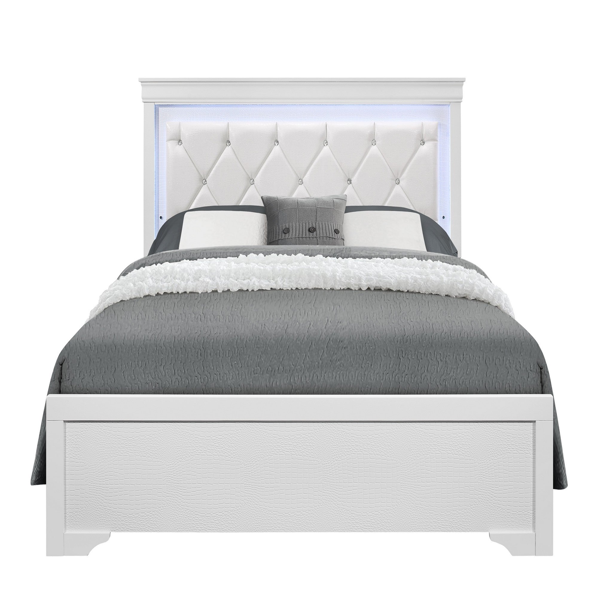Shaker White Full Bed with LED Lighting and Crystal Inspired Tufted Headboard