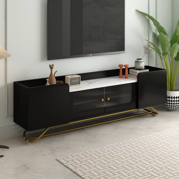 ON-TREND Sleek Design TV Stand with Fluted Glass, Contemporary Entertainment Center for TVs Up to 70