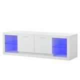 [VIDEO provided] ON-TREND Modern TV Stand with 2 Tempered Glass Shelves, High Gloss Entertainment Center for TVs Up to 70'', Elegant TV Cabinet with LED Color Changing Lights for Living Room, White