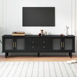 ON-TREND Retro Design TV Stand with Fluted Glass Doors for TVs Up to 78'', Practical Media Console with 2 Drawers and Cabinets, Elegant Entertainment Center for Living Room, Black