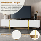 ON-TREND Luxury Fluted TV Stand for TVs Up to 80'', Modern Entertainment Center with Storage Cabinets & Drawers, Smooth Media Console with Golden Wood Grain Legs for Living Room, White