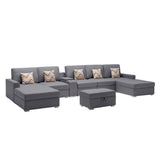 Nolan Gray Linen Fabric 7Pc Double Chaise Sectional Sofa with Interchangeable Legs, Storage Ottoman, Pillows, and a USB, Charging Ports, Cupholders, Storage Console Table