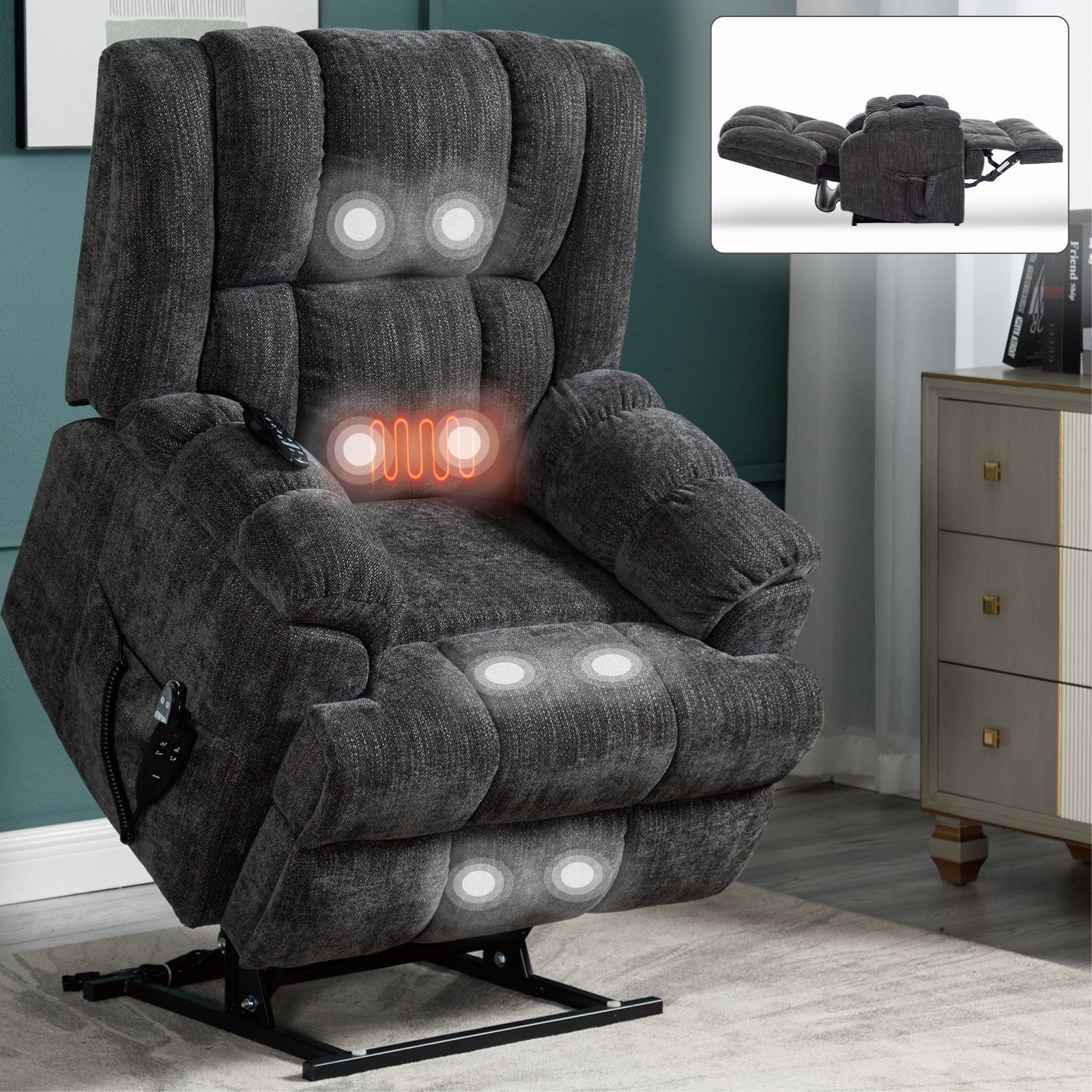 Dual Motor Heat Massage Infinite Position Up to 350 LBS Electric Power Lift Recliners with Power-Remote, Medium-firm and Heavy Duty, Grey