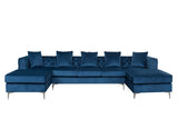 Ryan Deep Blue Velvet Double Chaise Sectional Sofa with Nail-Head Trim