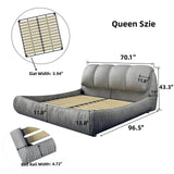 Queen Size Upholstered Platform Bed with Oversized Padded Backrest, Thickening Pinewooden Slats and Solid Wood Leg,Grey