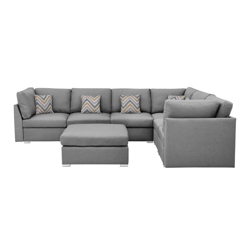 Amira Gray Fabric Reversible Modular Sectional Sofa with Ottoman and Pillows