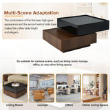 ON-TREND Multi-functional Square 360°Rotating Coffee Table with 2 Drawers, High Gloss 2-Tier Center Table with Swivel Tabletop and Storage, Walnut Table Frame Side Table for Living Room, Black