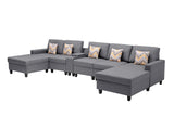 Nolan Gray Linen Fabric 6Pc Double Chaise Sectional Sofa with Interchangeable Legs, a USB, Charging Ports, Cupholders, Storage Console Table and Pillows