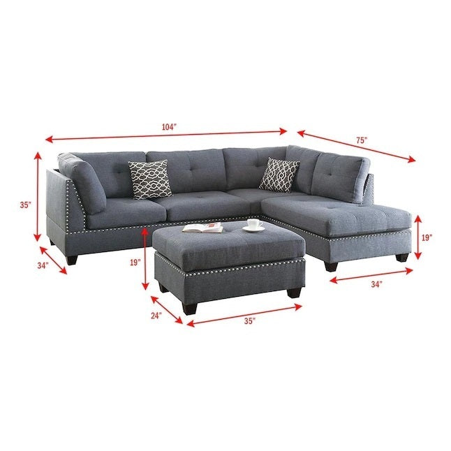 Blue Grey 3-pcs Sectional Reversible