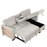 Light Gray Sectional with Storage Rack Pull-out Bed Drop Down Table  and USB Charger