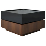 ON-TREND Multi-functional Square 360°Rotating Coffee Table with 2 Drawers, High Gloss 2-Tier Center Table with Swivel Tabletop and Storage, Walnut Table Frame Side Table for Living Room, Black