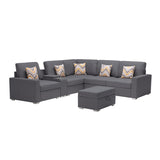 Nolan Gray Linen Fabric 7Pc Reversible Sectional Sofa with Interchangeable Legs, Pillows, Storage Ottoman, and a USB, Charging Ports, Cupholders, Storage Console Table