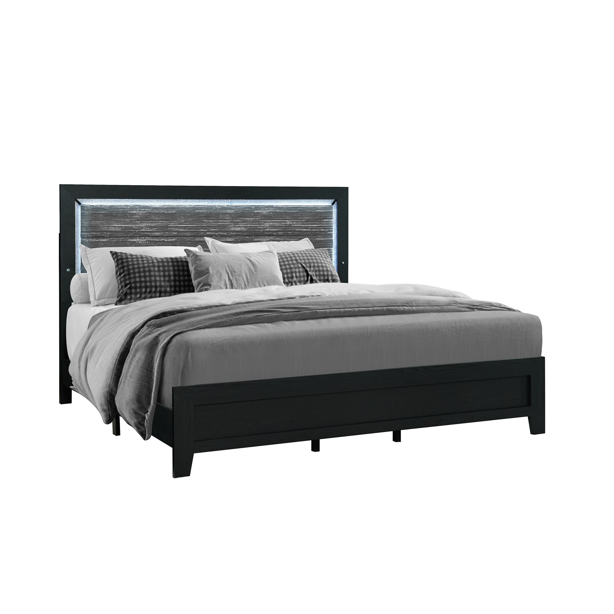 CARLOS Modern Black Full Bed with LED Lighting and Upholstered Headboard in Solid Wood