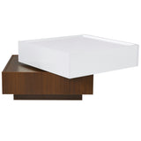 [VIDEO provided] ON-TREND Square 360°Rotating Coffee Table with 2 Drawers, High Gloss 2-Tier Center Table with Swivel Tabletop and Storage, Walnut Table Frame Side Table for Living Room, White