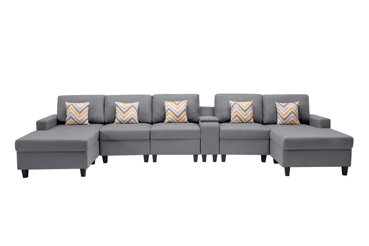 Nolan Gray Linen Fabric 6Pc Double Chaise Sectional Sofa with Interchangeable Legs, a USB, Charging Ports, Cupholders, Storage Console Table and Pillows