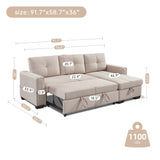 91' Beige Reversible Sleeper Sectional Sofa Couch with Storage Chaise