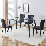 Table and chair set. 1 table and 6 black chairs. Glass dining table with 0.31-inch tempered glass tabletop and black coated metal legs. Equipped with black PU chairs 1123 008