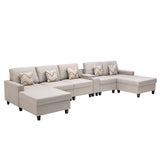 Nolan Beige Linen Fabric 6Pc Double Chaise Sectional Sofa with Interchangeable Legs, a USB, Charging Ports, Cupholders, Storage Console Table and Pillows