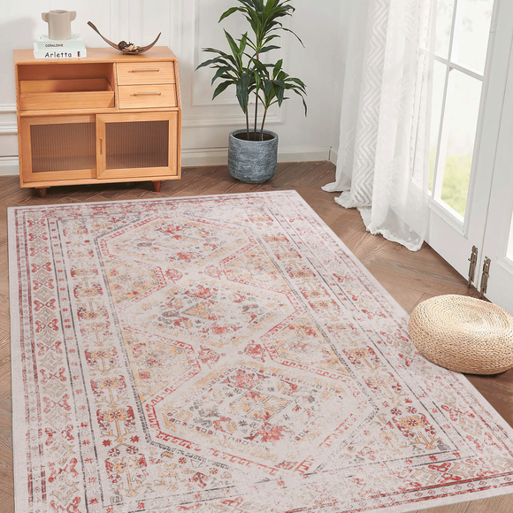 Naar 4x6 Area Rug, Washable Rug, Low-Pile, Non-Slip, Non-Shedding, Foldable, Kid & Pet Friendly - Area Rugs for living room, bedroom, kitchen, dining room rug - Beige Area Rug - (Beige, 4' x 6')