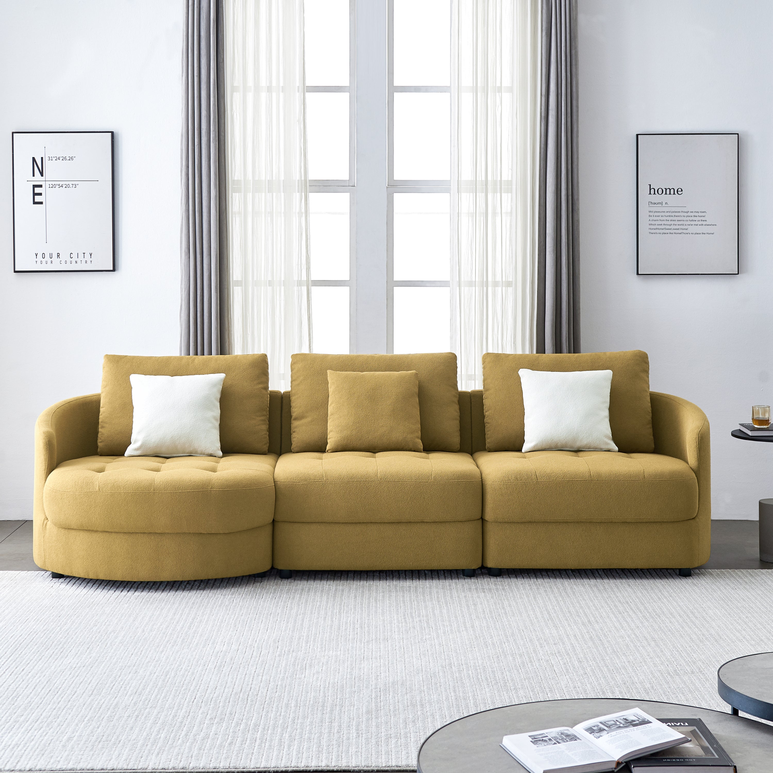 113"  Mid Century Modern Dark Yellow Teddy Fabric Sofa