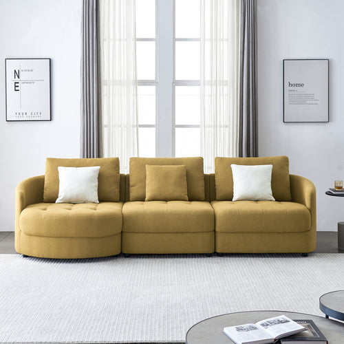 113"  Mid Century Modern Dark Yellow Teddy Fabric Sofa