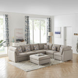 Amira Beige Fabric Reversible Modular Sectional Sofa with Ottoman and Pillows