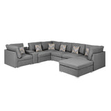 Amira 122.8" Gray Fabric Reversible Modular Sectional Sofa with USB Console and Ottoman