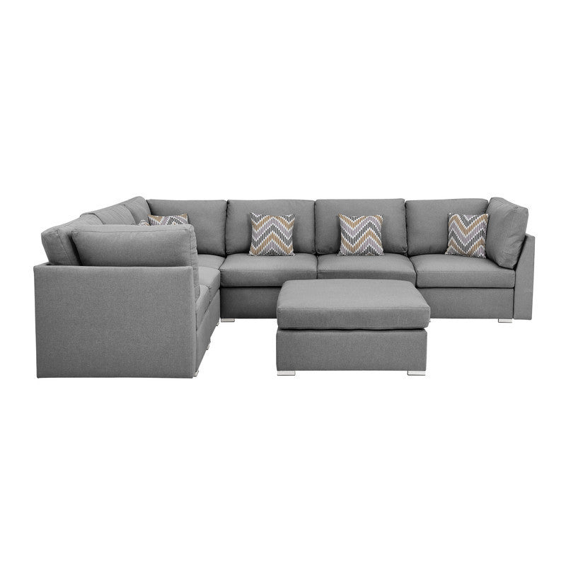 Amira Gray Fabric Reversible Modular Sectional Sofa with Ottoman and Pillows