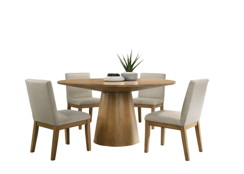Jasper Driftwood Finish 5 Piece 59" Wide Contemporary Round Dining Table Set with Beige Fabric Chairs